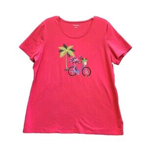 Kim Rogers Tshirt Women XL Pink Flamingo Riding Bicycle Graphic Beach Tropical